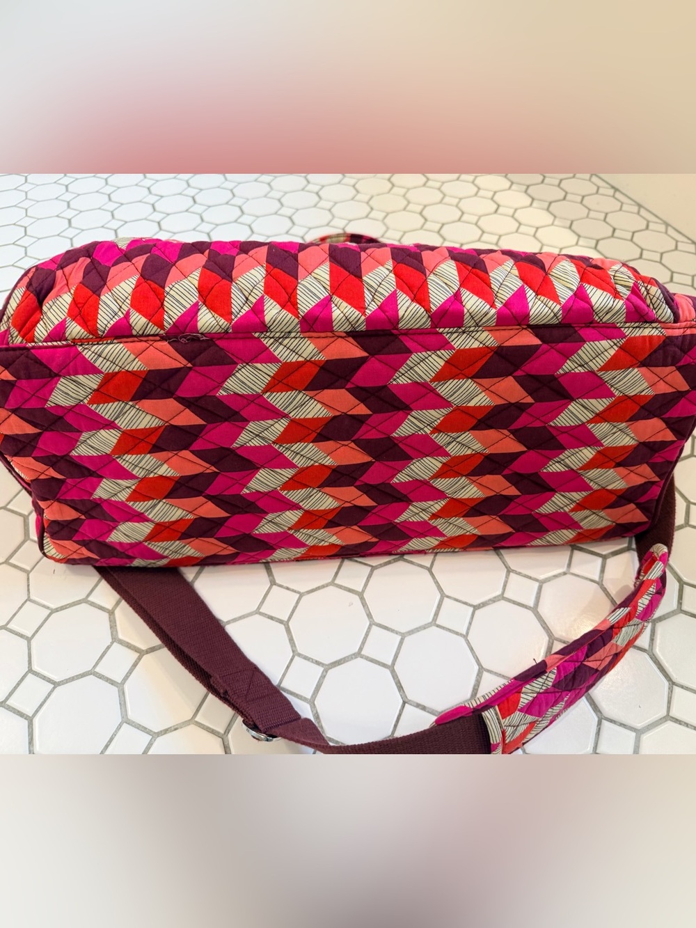 Vera Bradley Pink, Red & Cream Quilted Weekender (Bohemian Chevron) - Picture 4 of 9